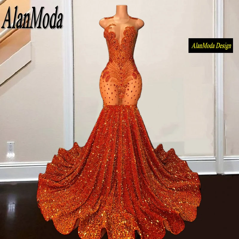 

Stunning Diamond Orange Prom Dresses For Black Girls 2024 Sheer Neck Sequin Crystal Mermaid Party Gowns vestidos de fiesta