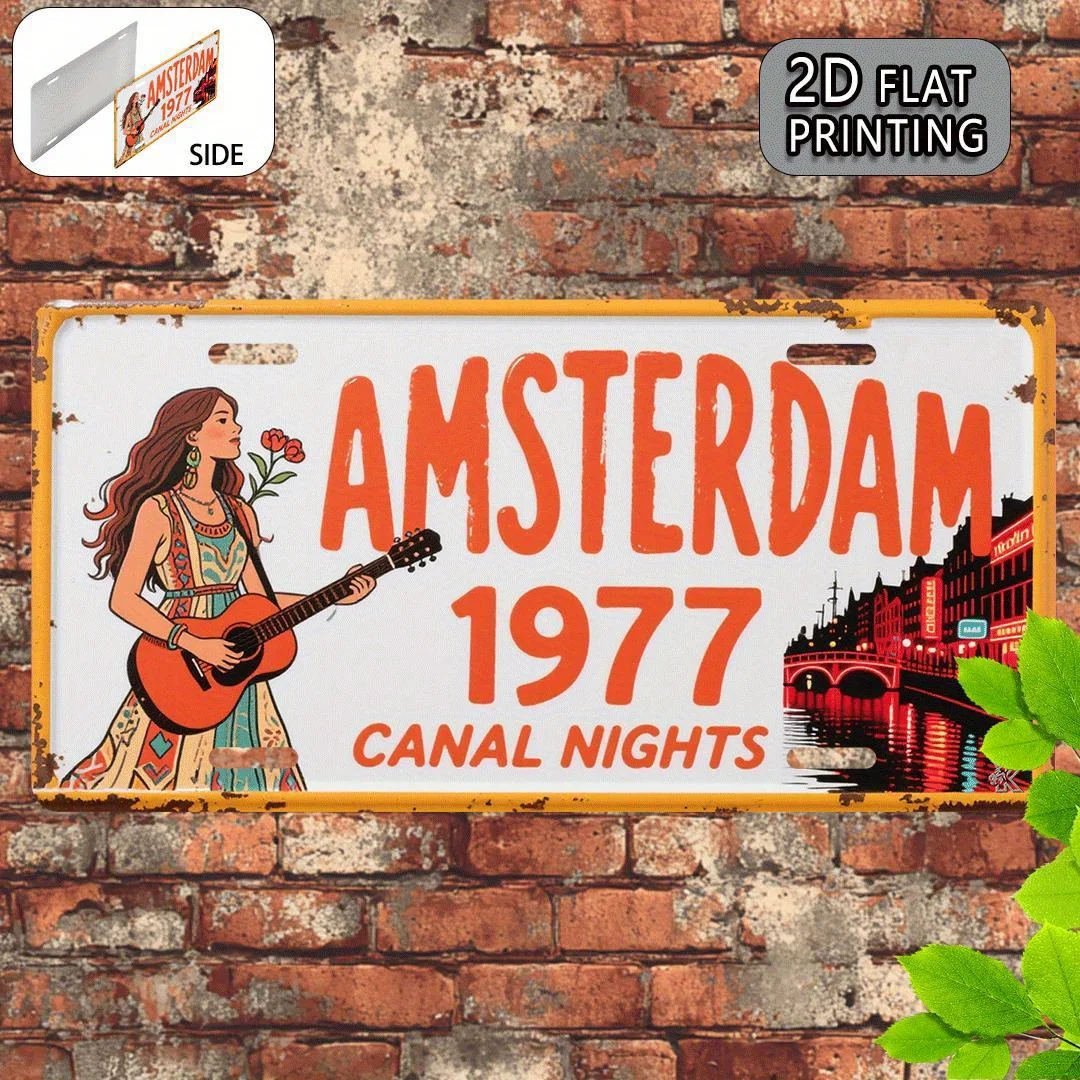 Panneau mural en métal aluminium vintage 2D plat, 1 pièce, Amsterdam 1977 - 15x30cm, avec design pont éclairé rouge et guitariste