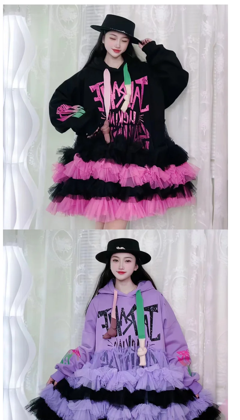 Letters Printed Mesh Ruffles Hooded Sweatshirt Graffiti Hand-Painted Long Pullovers Gauze Pleated Lotus  Patchwork Hoodies Tops