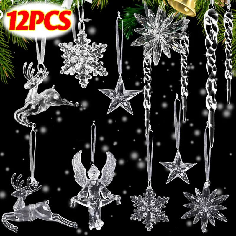 Christmas Transparent Icicle Crystal Acrylic Snowflake Simulation Ice Pendants Xmas Tree Hanging Ornament Home Party Decorations