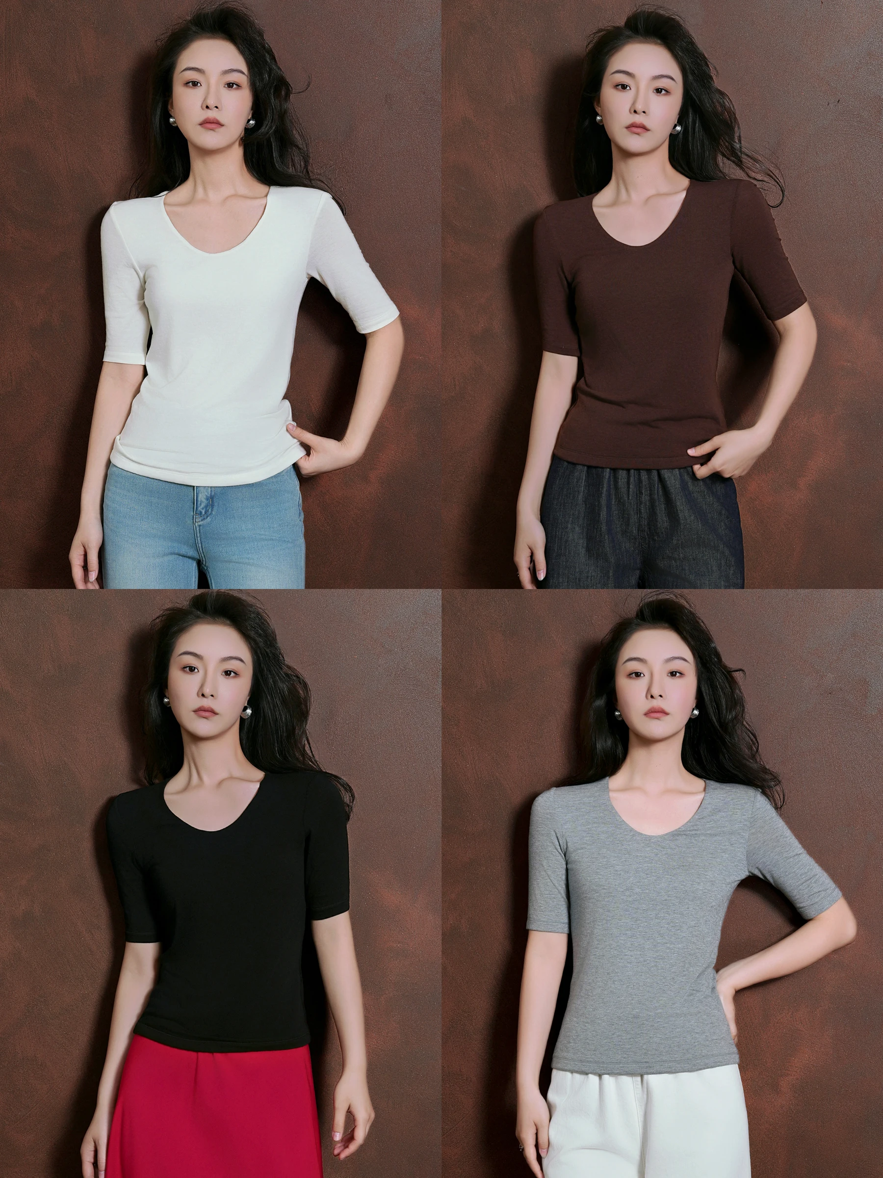 

Женская футболка Half Mountain Collection из модала и шерсти, приталенная, с коротким рукавом, эластичная, в повседневном стиле, с U-образным вырезом, топ с рукавом до локтя