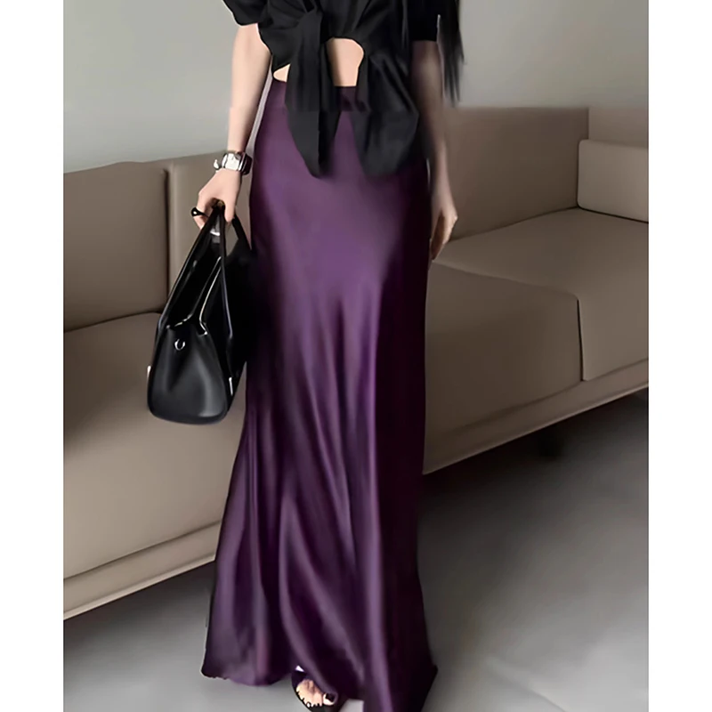 

Summer Lady Solid Color Acetate Satin Midi Skirts Girls Classic Slim Fit Thin Dress Female Korean Leisure High Waist Skirts