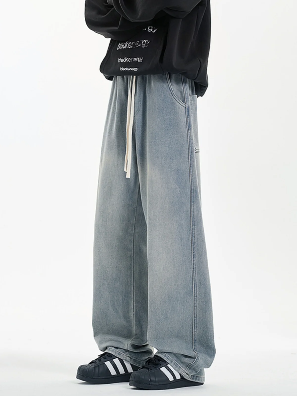 

Spring Men's Jeans Slimming High Waist Loose Fit Dstring Youthful Straight Leg Large Size American Sle Long Pants