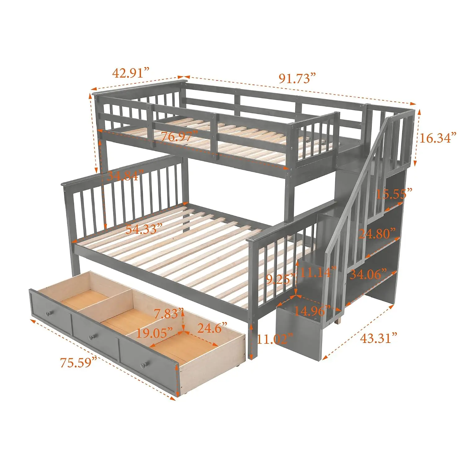 Wood Twin Over Full Bunk Bed with Drawers & Storage Staircase, Convertible to 2 Beds, Space Saving, Gray, Custom image 3