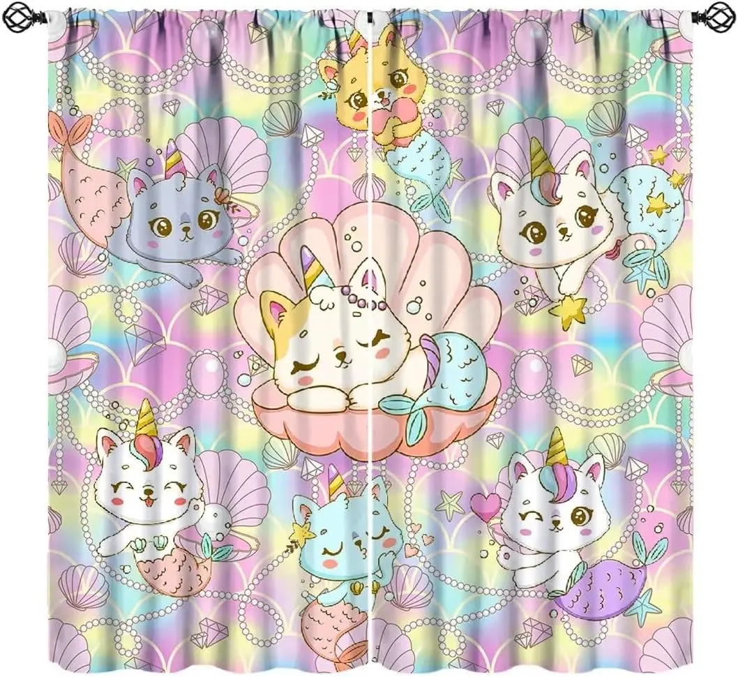Cartoon Mermaid Unicorn Cat Curtains, Colorful Shell Fish Underwater Print Drapes for Girls Kids Bedroom Living Room Decor