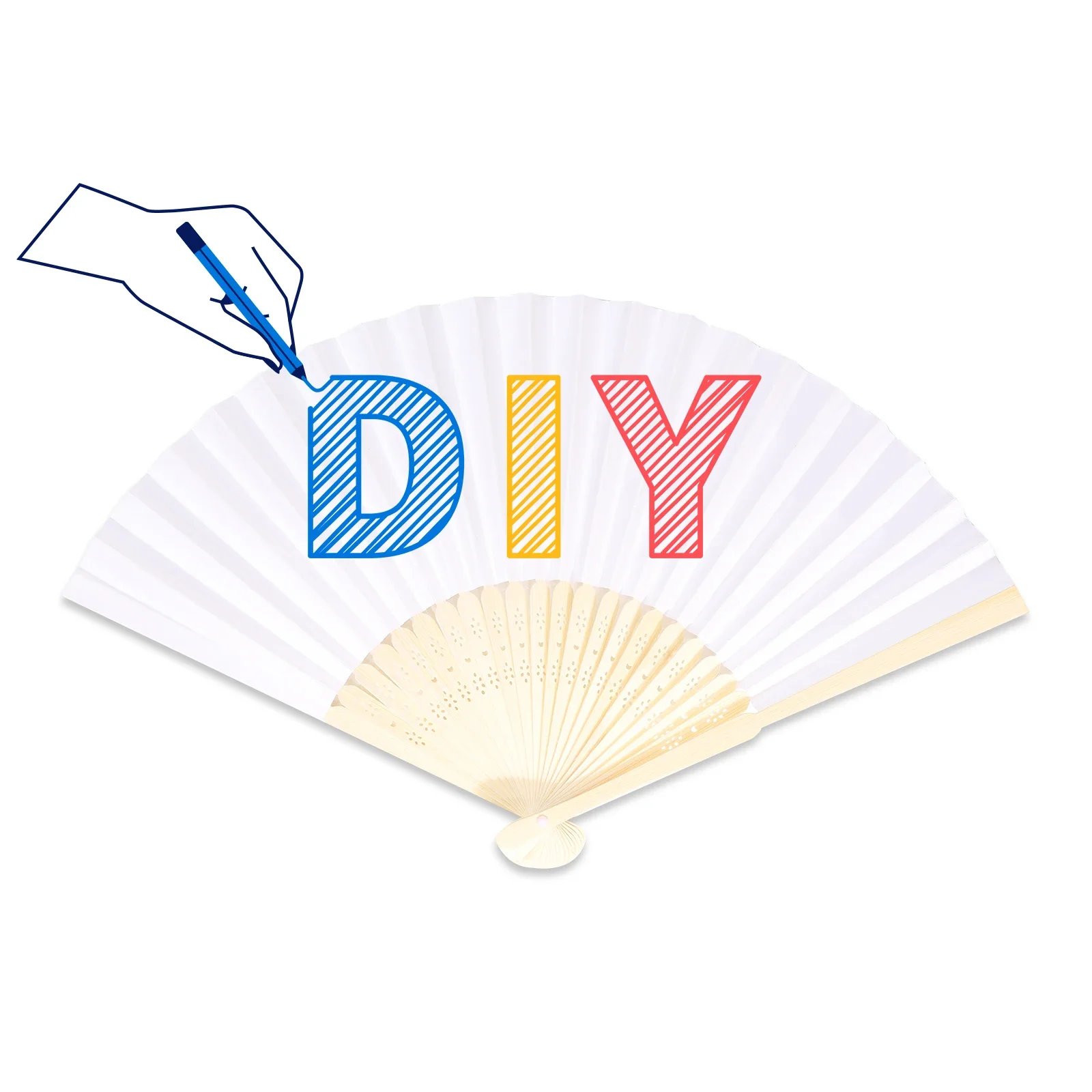10Pcs/Lot White/Pink Paper Hand Fan Bamboo Folding Fan (21cm/8.2inch) for DIY Patterns, Children\'s Painting, Wedding,Decoration