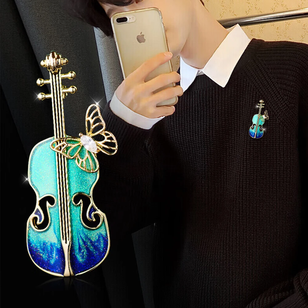 Blue Enamel Violin Brooch For Women Alloy Shiny Rhinestone Weddings Clothing Accessories Banquet Music Pins Jewelry Gifts