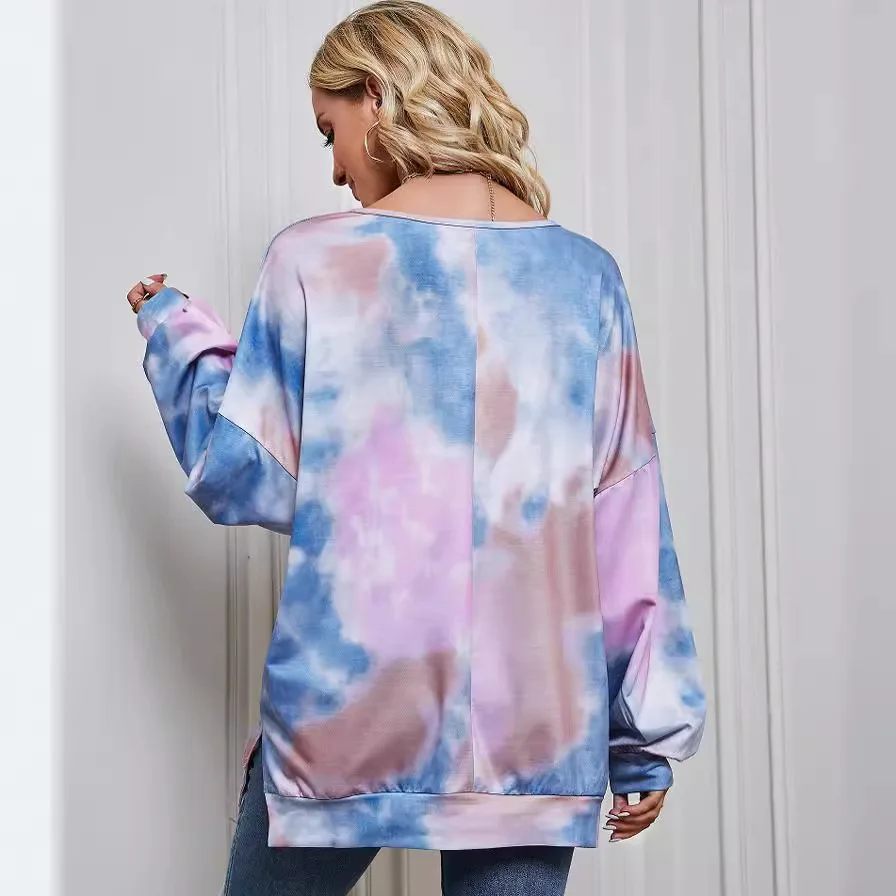 Independent Real Shot 2024 New Autumn and Winter Long-sleeved Round Neck Sweater Loose Tie-dye Printing European and American Le