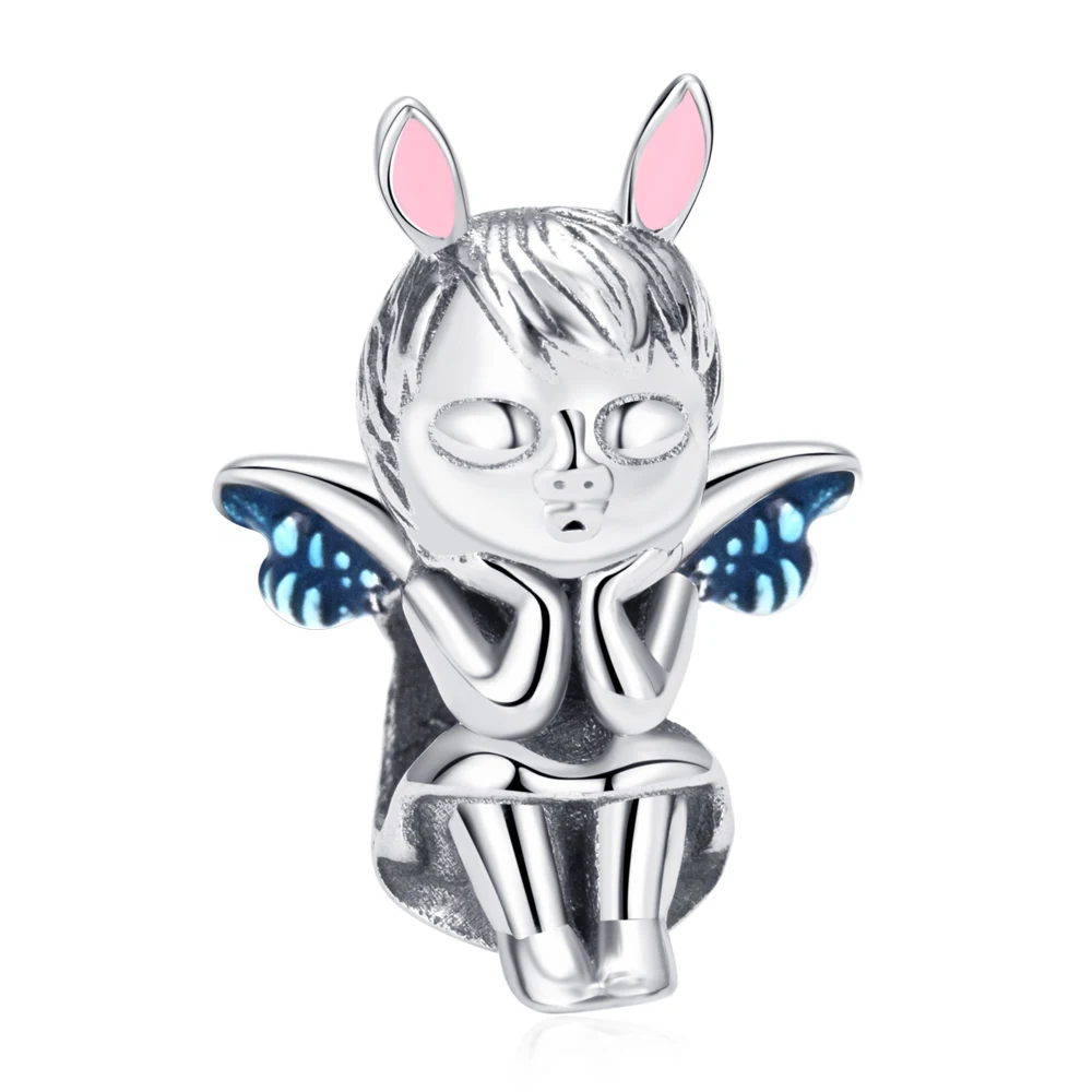 PANQDIY Wholessale 925 Sterling Silver Angle Lovely Boy Blue Enamel Wings Bead Charm Fit Original Bracelet Diy Jewelry Making