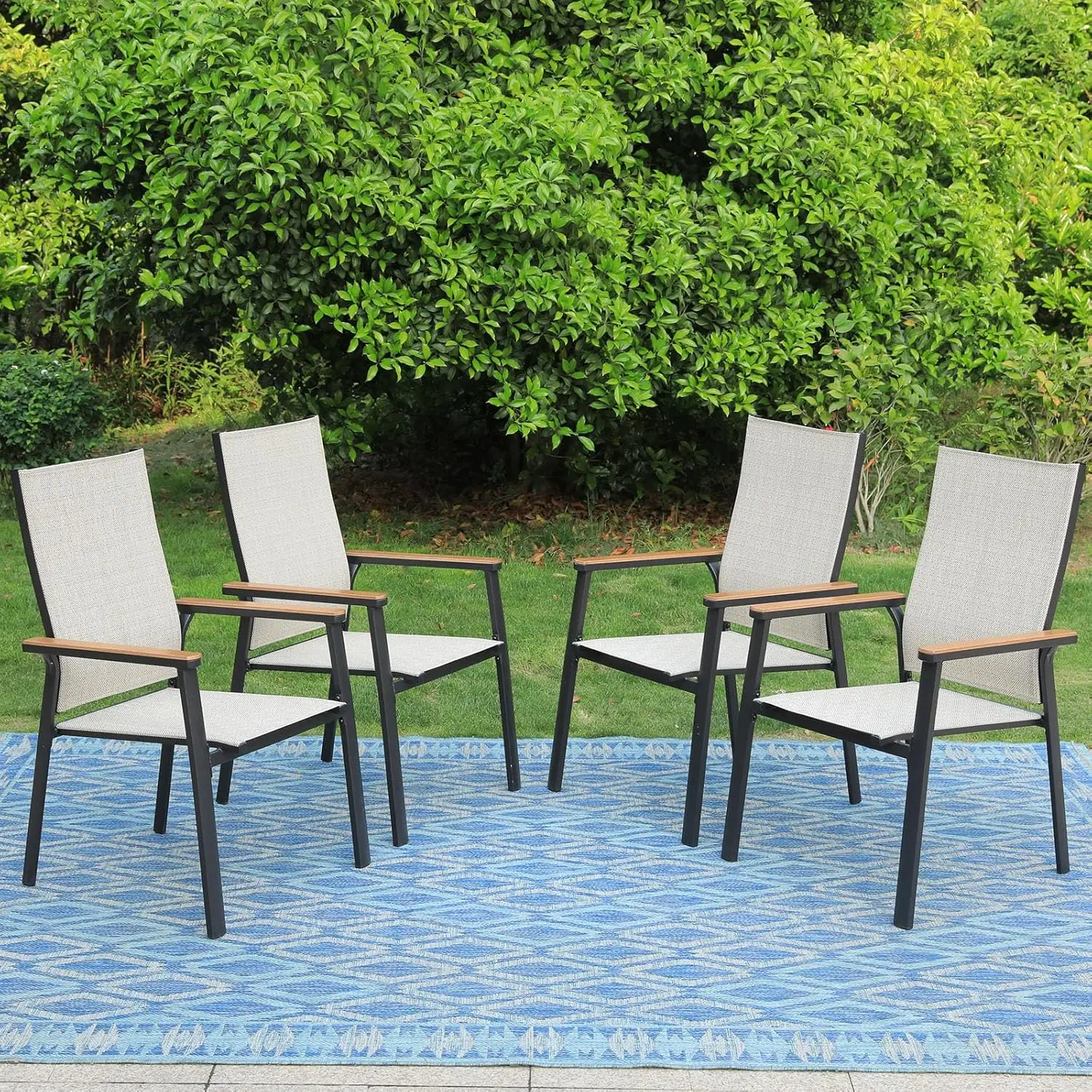 

Outdoor Stackable Dining Chairs Set of 4（Beige,Lightweight Aluminum Frame with Textilene Fabric & Wider Armrest Easy to Store