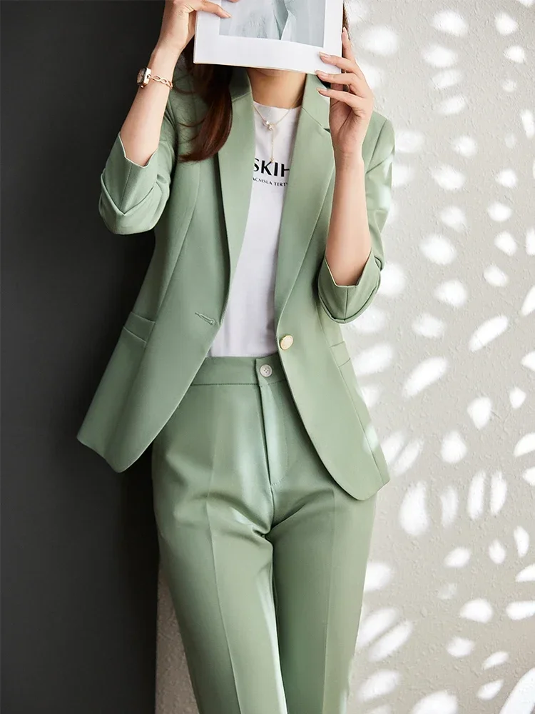 Office Ladies Formal Pant Suit Women Female Business Work Wear 2 Piece Set Pink Purple Green Red Navy Solid Blazer And Trouser