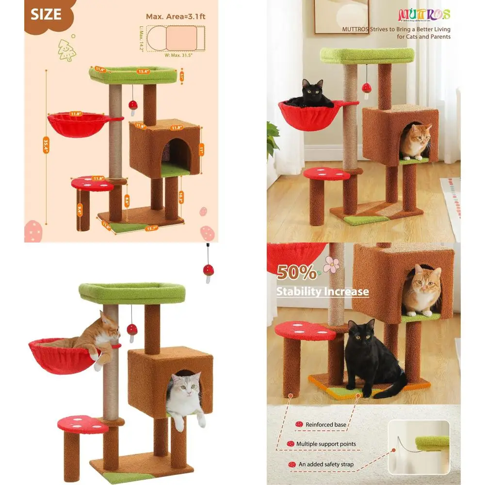 

Дерево для кошек из сизаля коричневого цвета, 35,4 дюйма, с зеленой верхней платформой, красным гамаком и подвесным мячиком для кошек мелких и средних пород