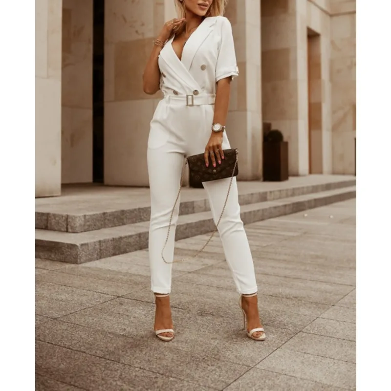 

New Professional Office Woman High Waist Jumpsuit Women's Fashion Clothes Suit Collar Solid Short Sleeved Elegant Long Jumpsuits