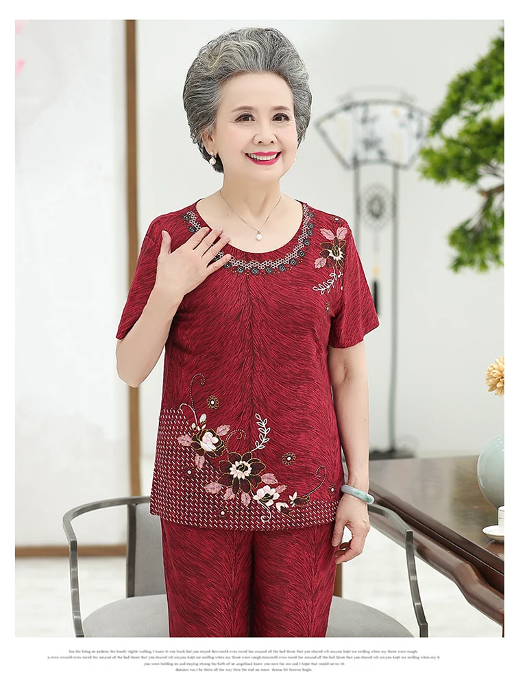 Fdfklak XL-5XL Middle Aged Mother Two Piece Set Elegant Print Grandma Short Sleeve Cropped Pant Tracksuit Women Suit Female