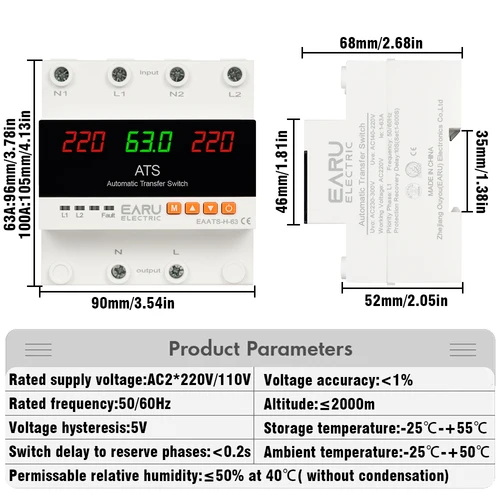 Imagen 2 del producto 63A 100A 220V ATS Protector de corriente de sobrevoltaje ajustable conversión de energía Dual interruptor de transferencia automática relé de Monitor