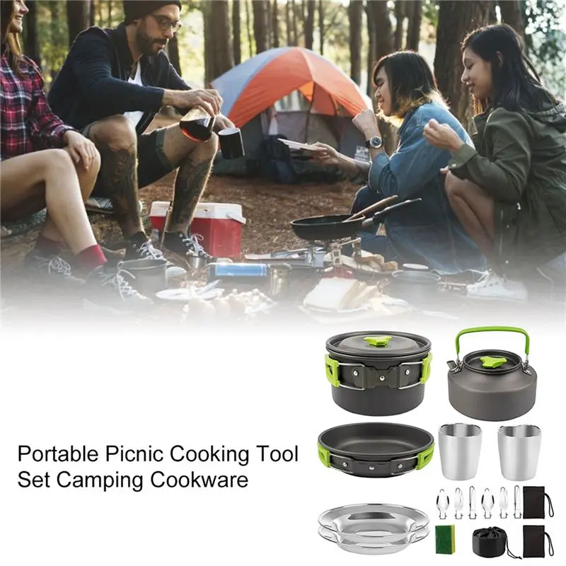 【BUYERS】Camping Cookware Portable Pot Pan Cup Teaport Set Folding Outdoor Cooking Set Hiking Picnic Tableware Equipment-Black