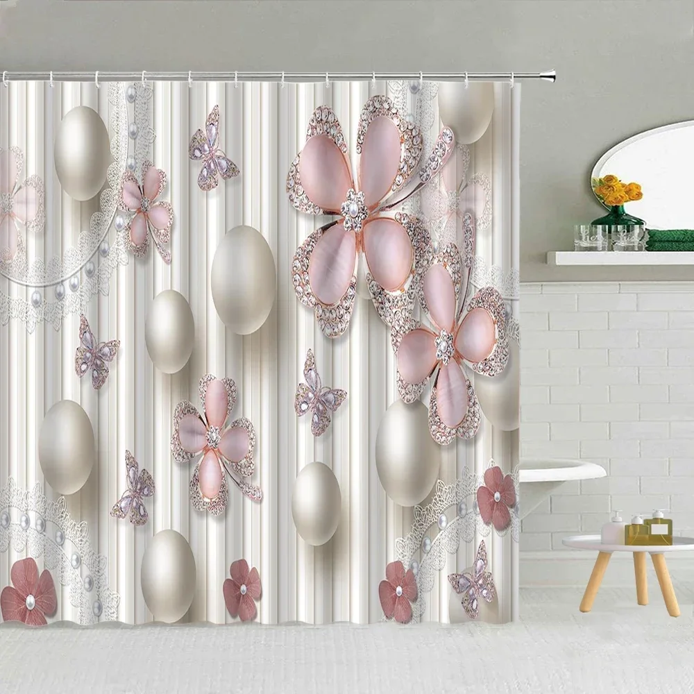 Chinese Style Luxury Diamond Flower Shower Curtain Polyester Fabric Bath Curtains High Quality With Hooks Bathroom mat 3d print