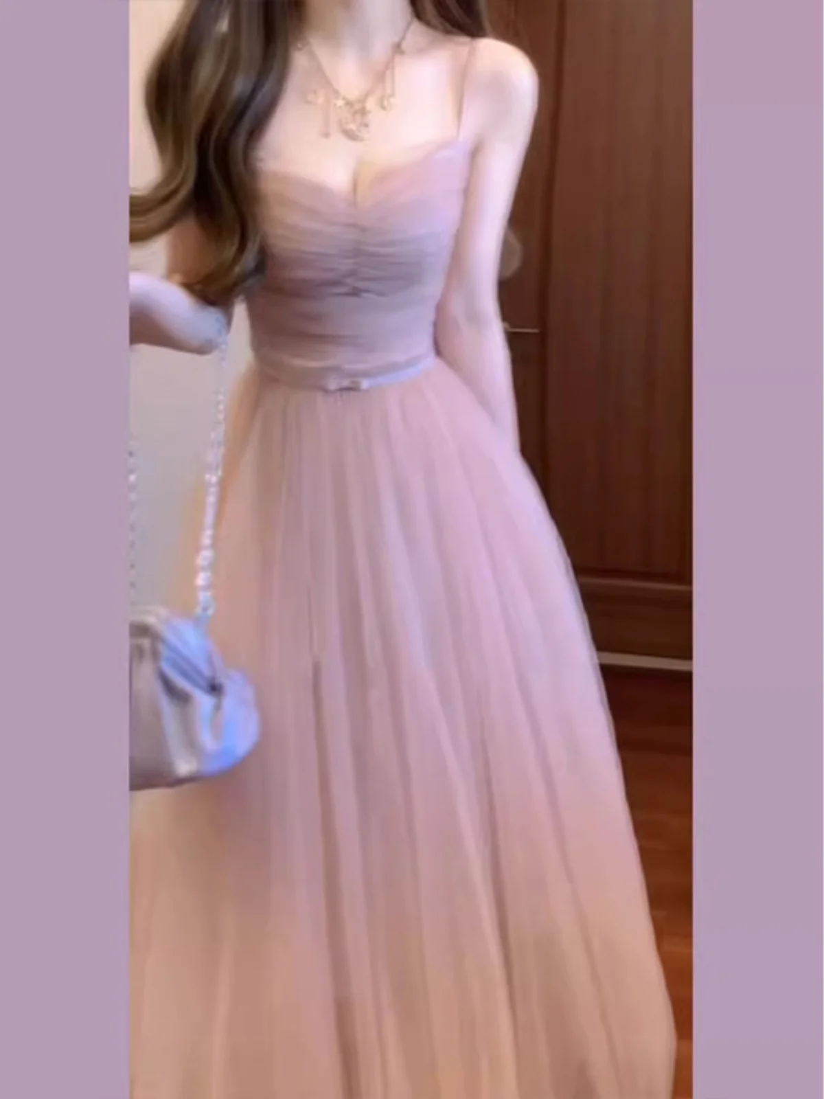 فستان سهرة شبكي وردي أنيق بسيط كوري للنساء فستان حفلات مثير بحمالة تصميم نسائي فساتين زفاف غير رسمية للعطلات