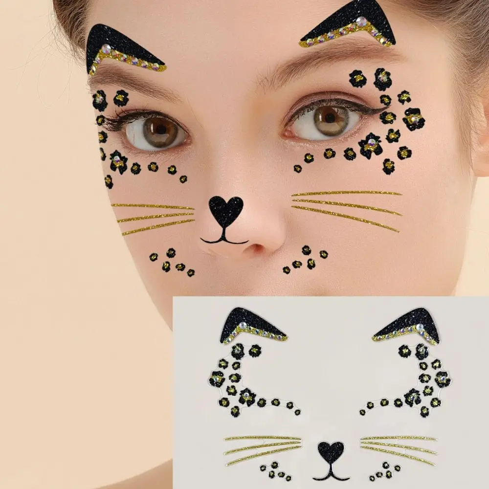 Acrylic Diamond Cat Face Tattoo Long Lasting Waterproof Fake Cat Face Stickers Professional Temporary Tattoo Stickers Men