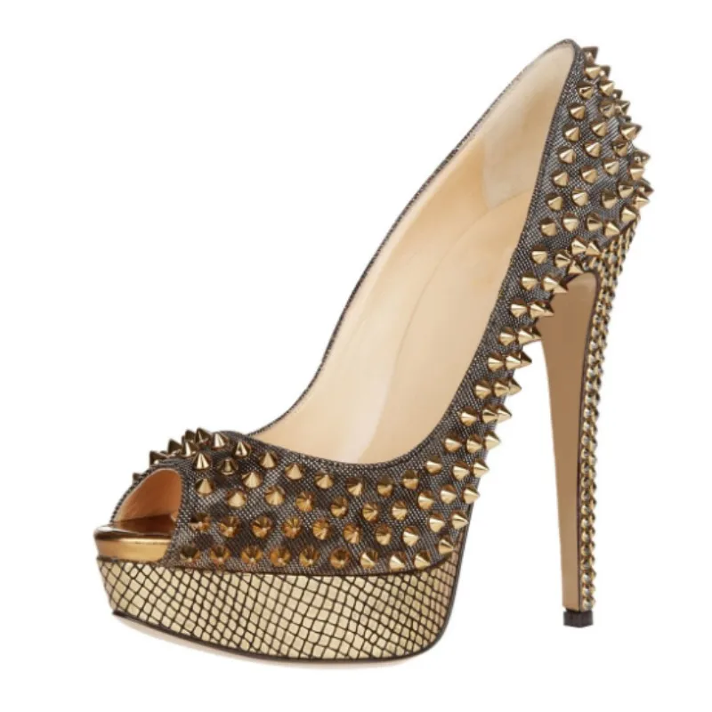 DIZHUANG Fashionable women's high heels. Brown canvas single shoes. About 15cm heel height. Rivet shoes. Peep toe shoes. 34-46