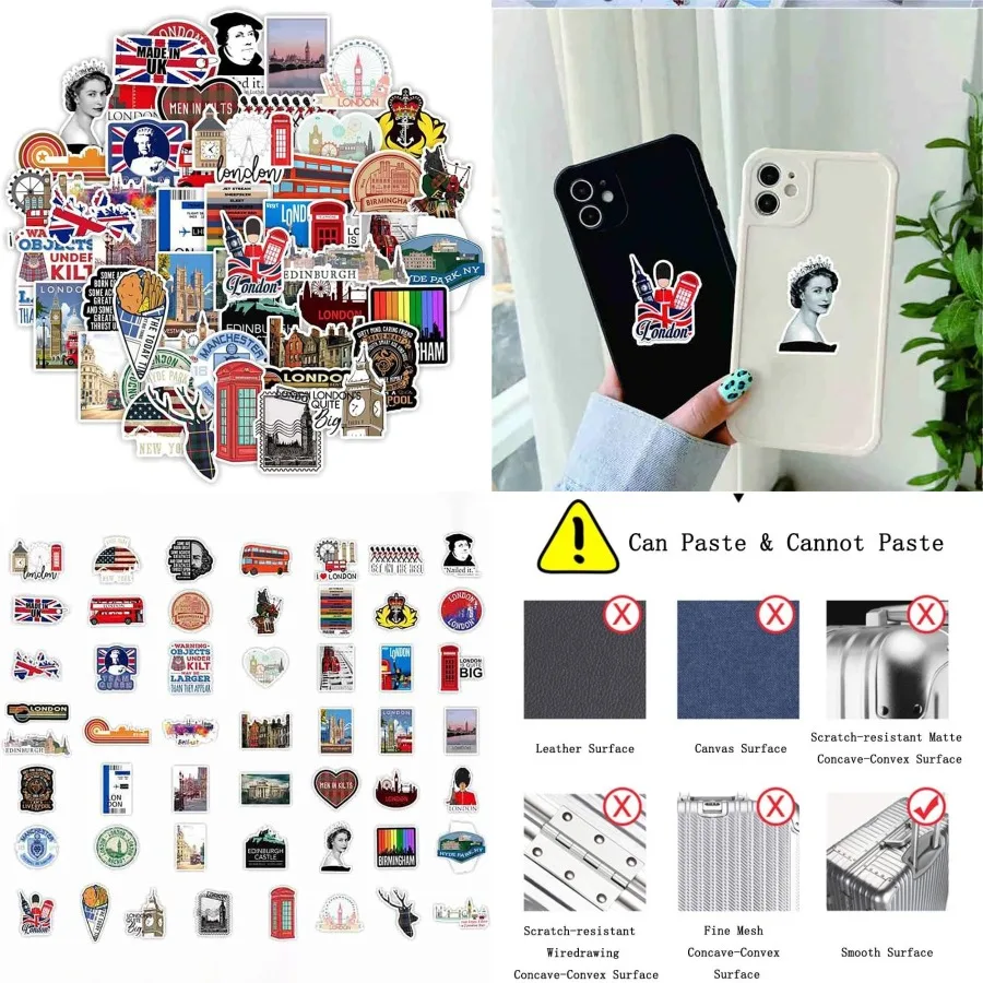 

UK England Travel Stickers 50 Pcs British Theme Waterproof Vinyl Decals for Scrapbook Stationery Notebook Water Bottles Laptop