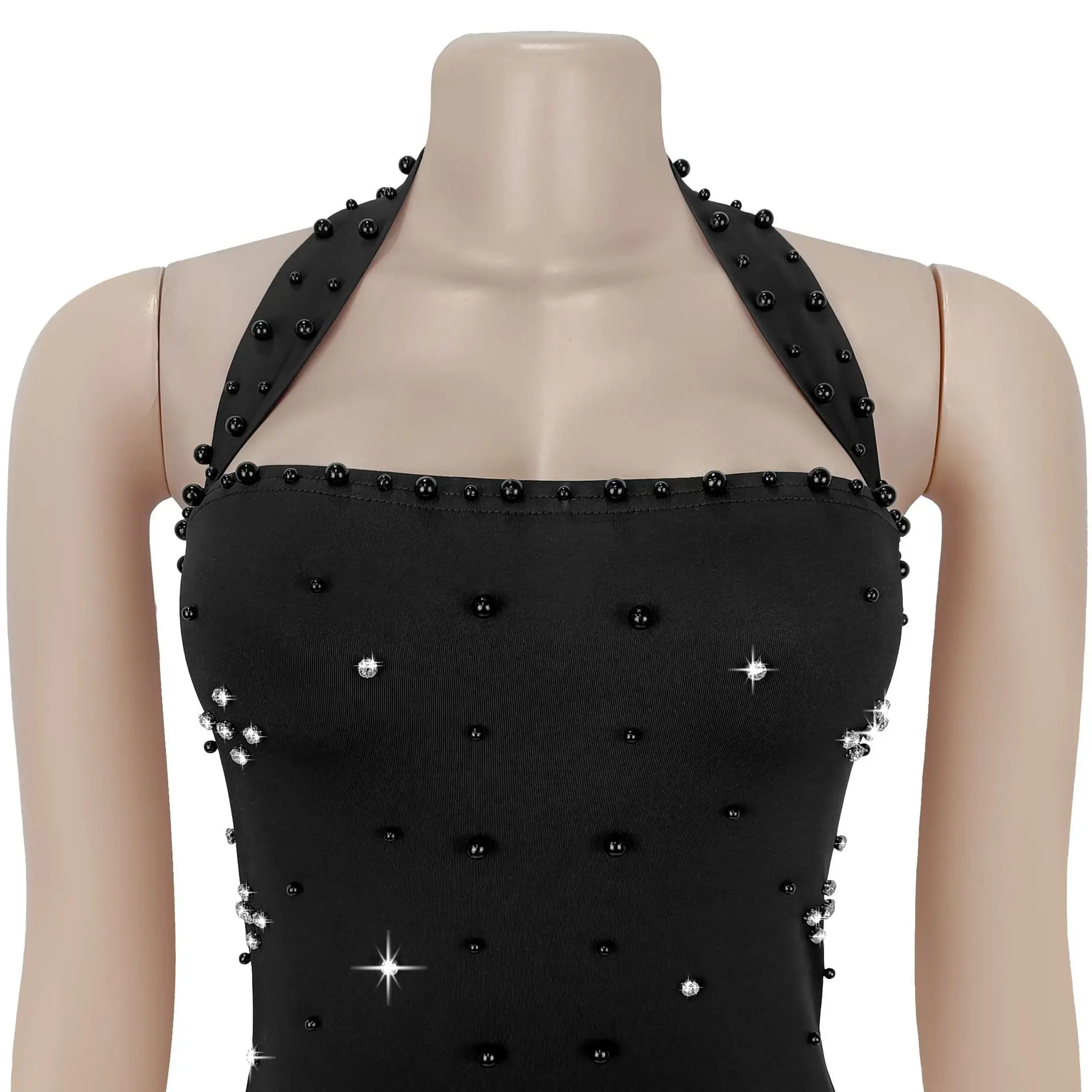 HLJ Sexy Perlen Strass Patchwork Bodycon Lange Kleider Frau Halter-Backless Druck Kleider Weibliche Party Clubwear Vestidos