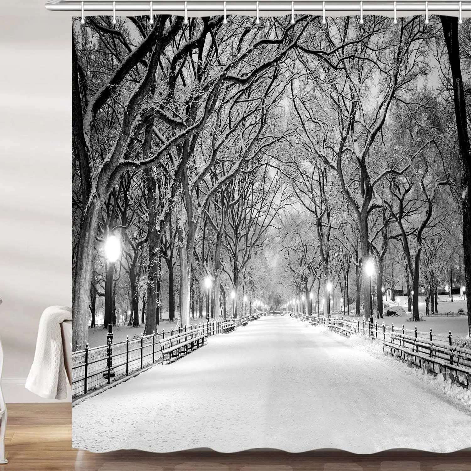 

Grey Winter Street View Shower Curtain, Gray New York Central Park Night Snow Tree Christmas Bath Curtains Set, Polyester Fabric