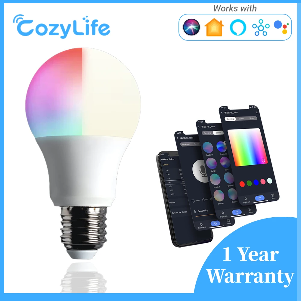 

CozyLife Smart Light Bulb Support Siri Alexa,A60/E27 9W 850LM WiFi Bulb,RGB Multi-color Dimmable 2700~6500K Lamp