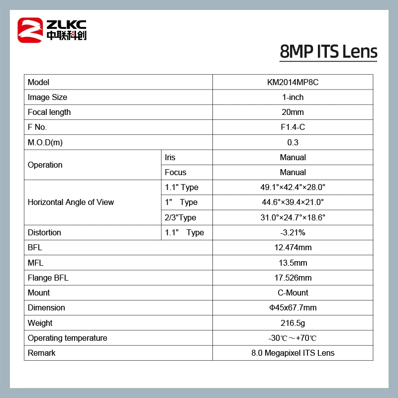 ZLKC 20mm Fixed Focal Length CCTV ITS Lens 1 Inch C-Mount 8MP Aperture F1.4 Manual Iris Lens for Surveillance Camera