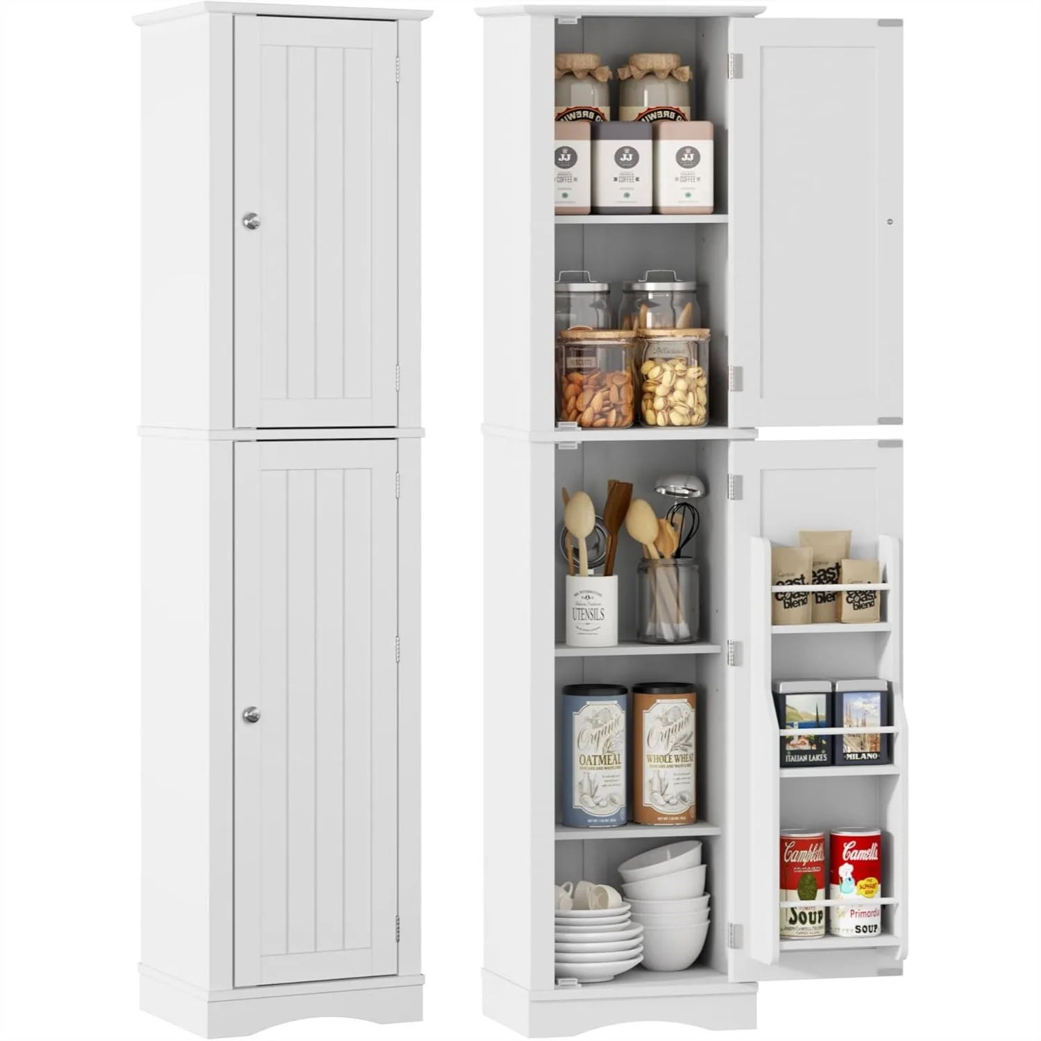 

Tall Bathroom Storage Cabinet 64" Slim Kitchen Pantry with Door Storage, Narrow Wood Freestanding Cabinet Adjustable Shelves for
