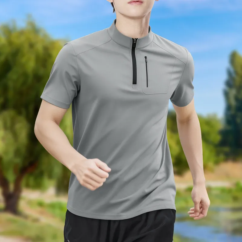 

Men's Half-Zip High-Stretch Quick-Dry Short-Sleeve T-Shirt Breathable Outdoor Sports Running Training Stand Collar Casual Top