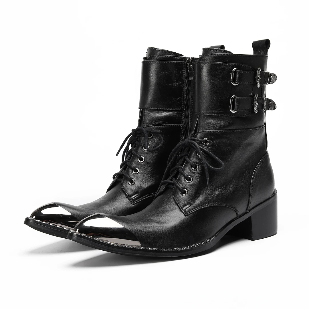 Schwarze Gürtelschnalle Weiches Leder Knöchel Herren Stiefel Westernstiefel Herren Spitzschuh Cowboy Schuhe Party Bota Masculina Herren, Große Größen – Detail 17
