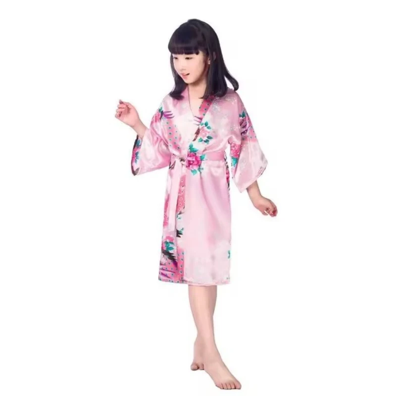 Girl Satin Floral Kimono Robe Kids Flower Girl Peacock Bath Robes for Wedding Spa Party Gifts Bridal Lingerie Sleepwear Bathrobe