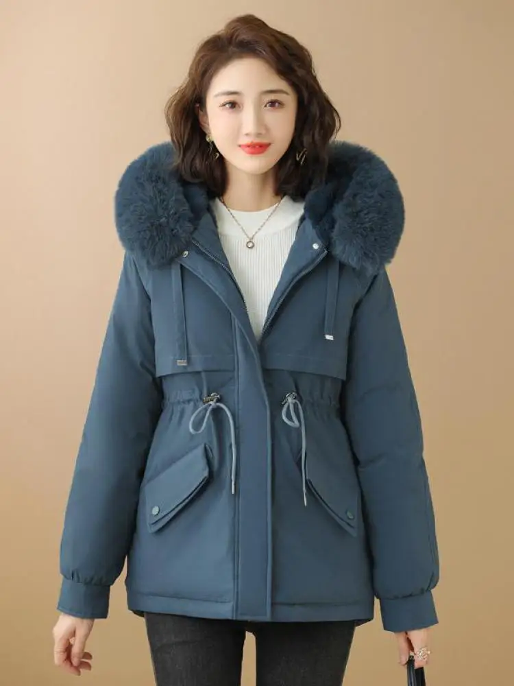 Versione coreana 2025 Nuovo abbigliamento da donna Giacca corta in cotone spesso Cappotto invernale con collo in pelliccia con cerniera oversize solido versatile