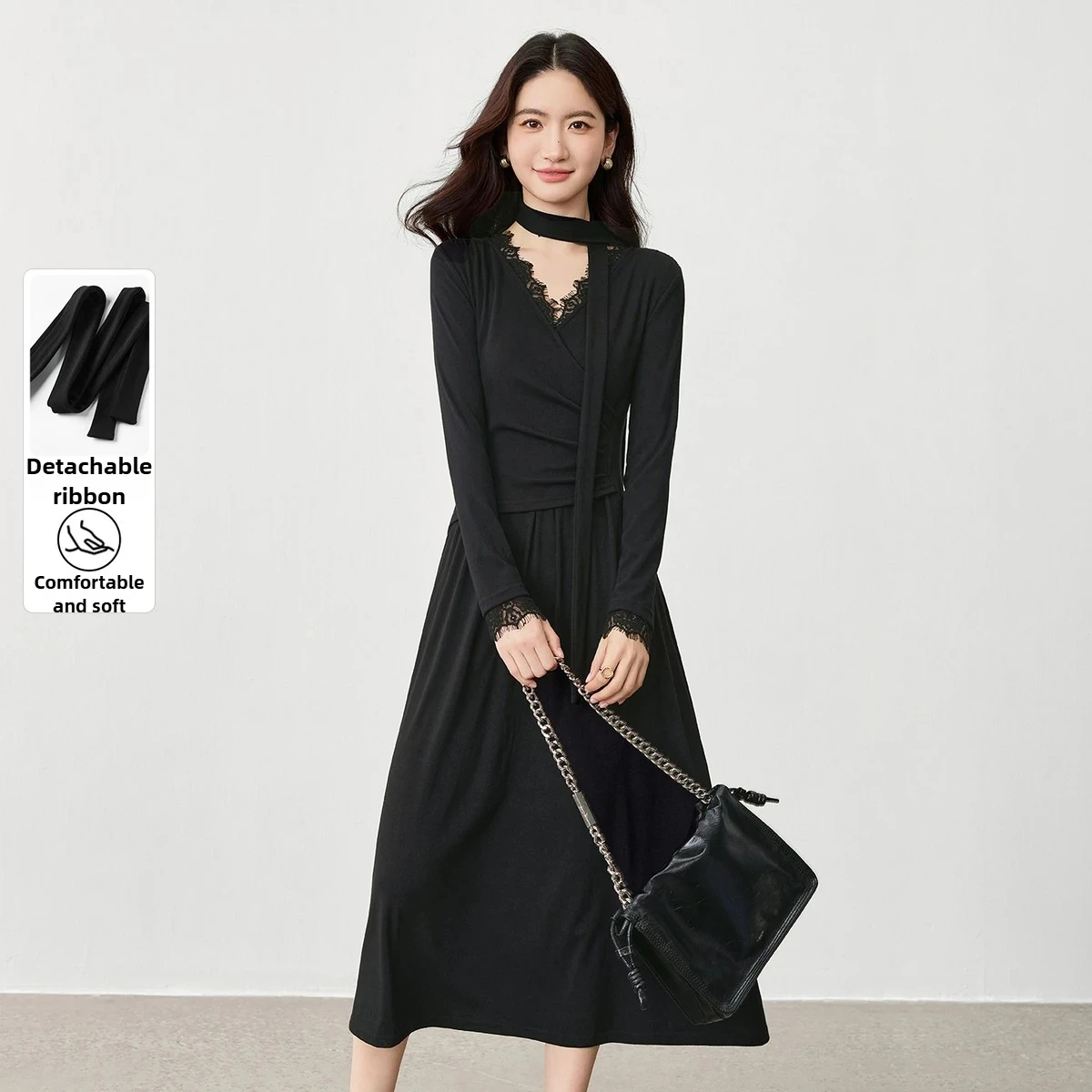 

SENTUBILA Long Sleeve Dress Women‘s Solid Lace V-neck Splicing Dress 2025 Autumn Detachable Streamer Knitted Dresses Q53LB2664