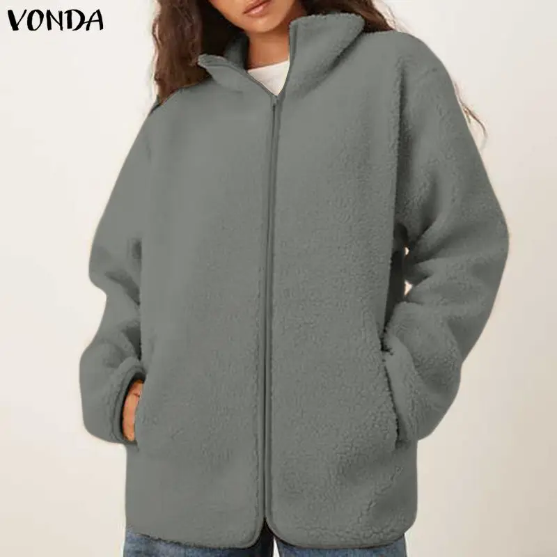 VONDA Mantel Bulu Wanita Ukuran Plus 2025 Musim Dingin Lengan Panjang Kerah Tegak Resleting Jaket Kasual Polos Streetwear Mantel Luar Hangat
