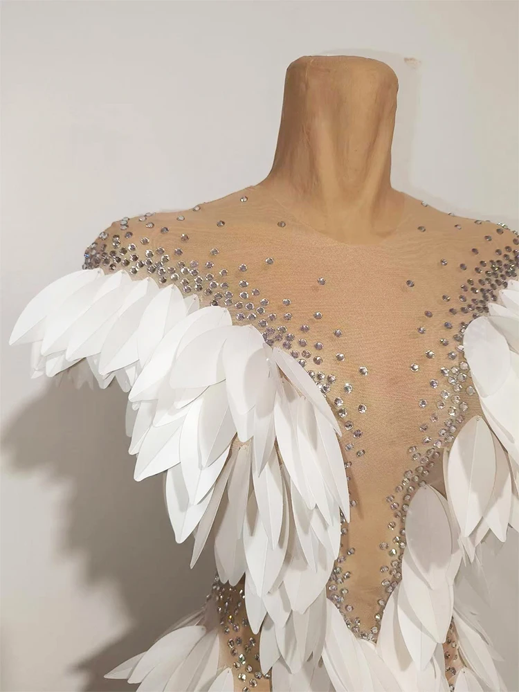 Sparkly Rhinestone 3D White Plastic Feather Shape Split Dress Trailing Sexy Mesh See Transparent Birthday Party Celebrate Show view 2