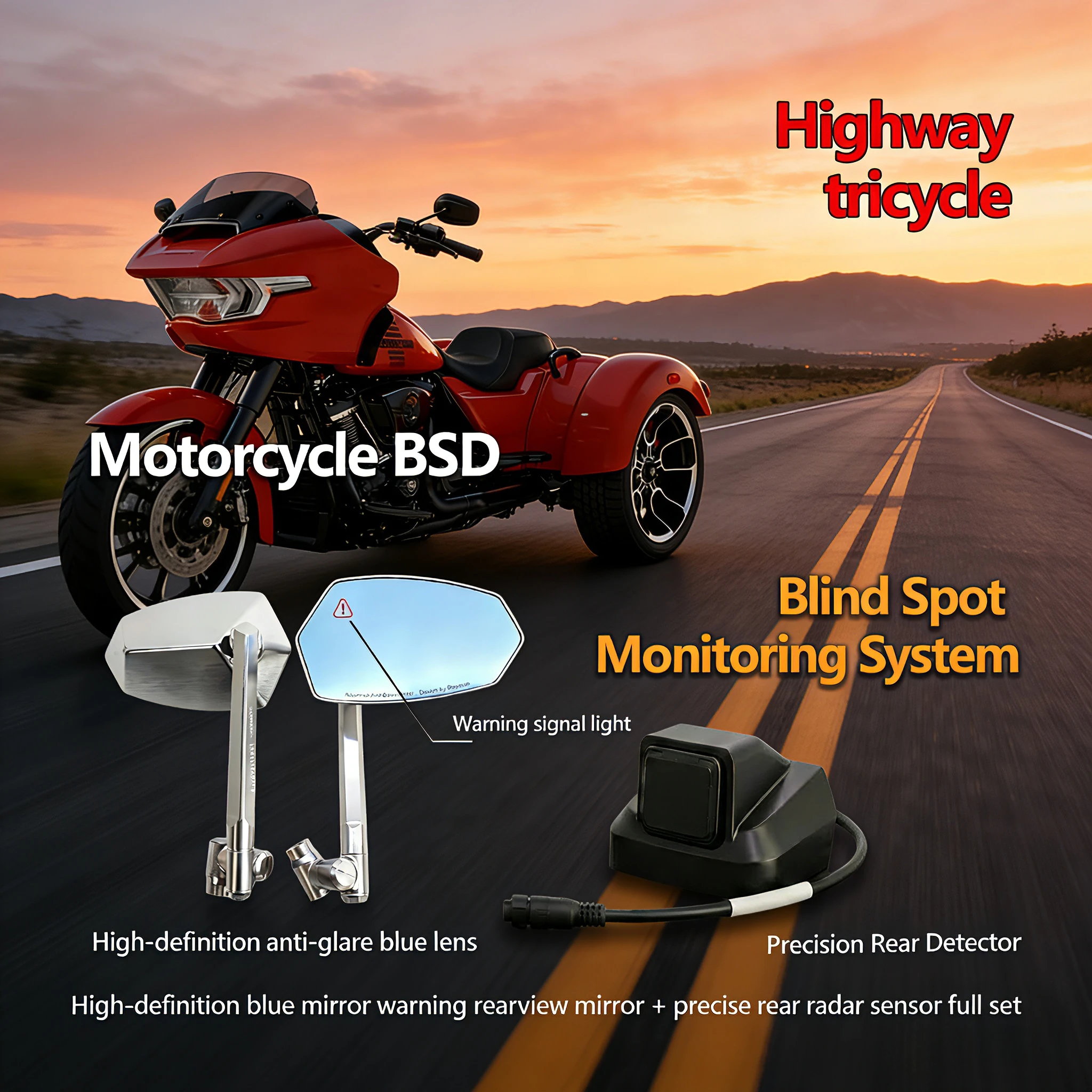 

2026 HD Radar Rearview Mirror for Harley Freewheeler 3, BSD Blind Spot Monitoring, Anti-Glare Lens, Precise Rear Sensor Kit.