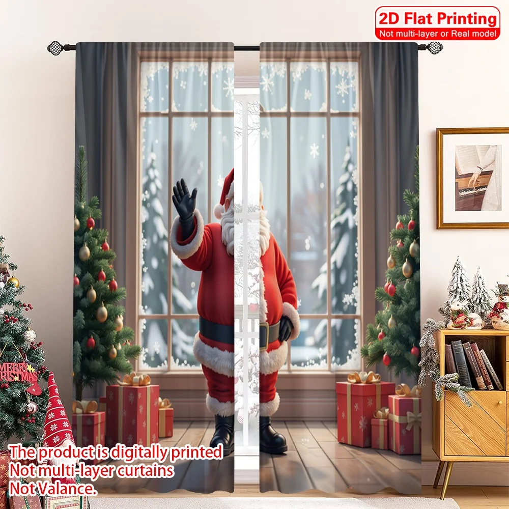 

2pcs 2D flat printing Christmas Party Curtain Santa Claus Christmas Trees Gifts 100% Polyester Fabric Without Electricity