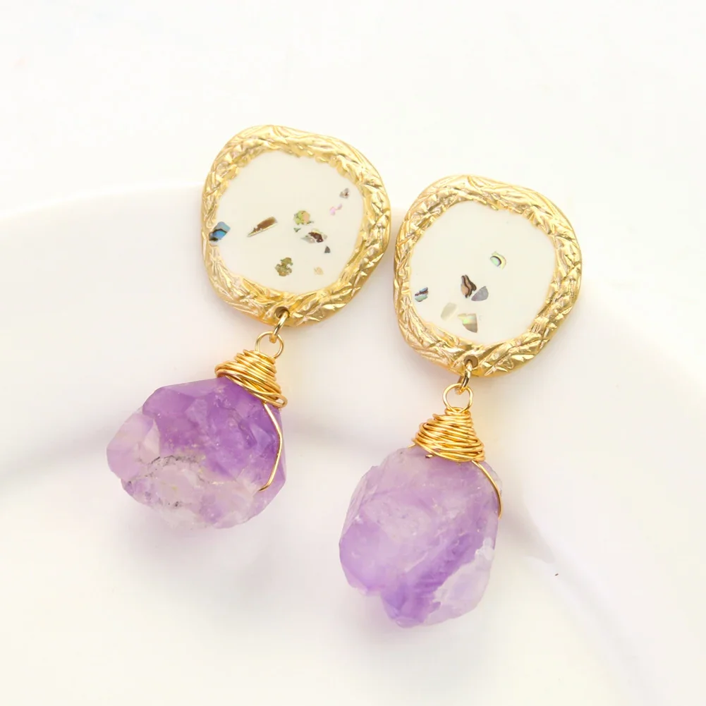 1pair Natural Amethyst Pointed Bead Earrings Abalone Shell Fragment Ear Stud Unique Dangle Stone Charm Jewelry Gift for Party