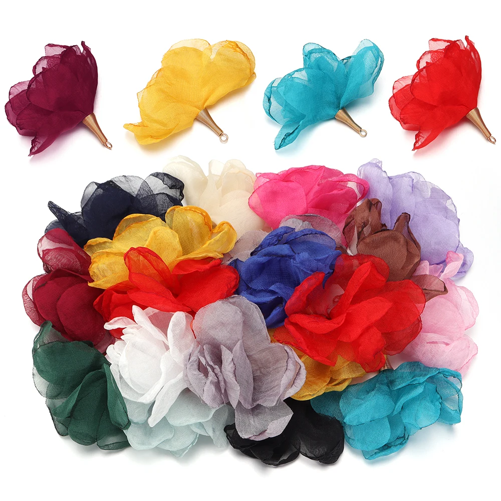 10 Stück/Set 5cm Bunte Netz-Chiffon-Blumen Ohrringe Anhänger für Schmuckherstellung DIY Charms Ohrringe Deko Handgemachte Accessoires