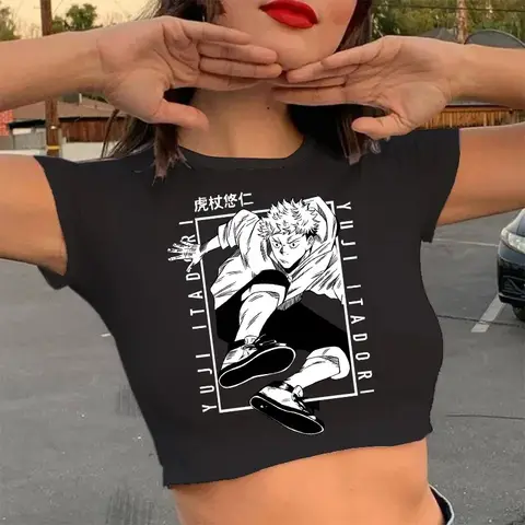 90S 힙합 크롭 탑 Tshirt 만화 일본 애니메이션 Jujutsu Kaisen T 셔츠 Gojo Satoru 탑 Yuji Itadori 크롭 티셔츠 티셔츠 Best5