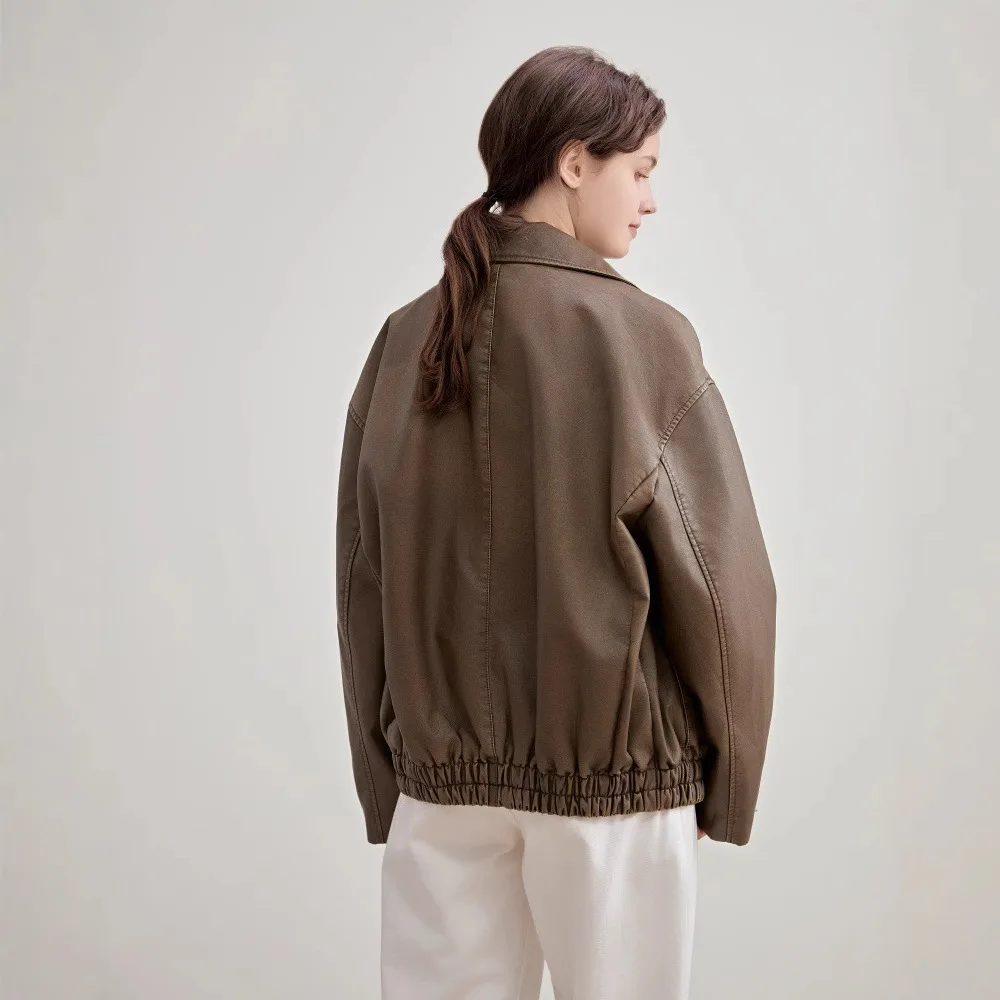 Damski skórzany płaszcz motocyklowy w stylu retro, sprany, wyblakły, na wiosnę i jesień 2025