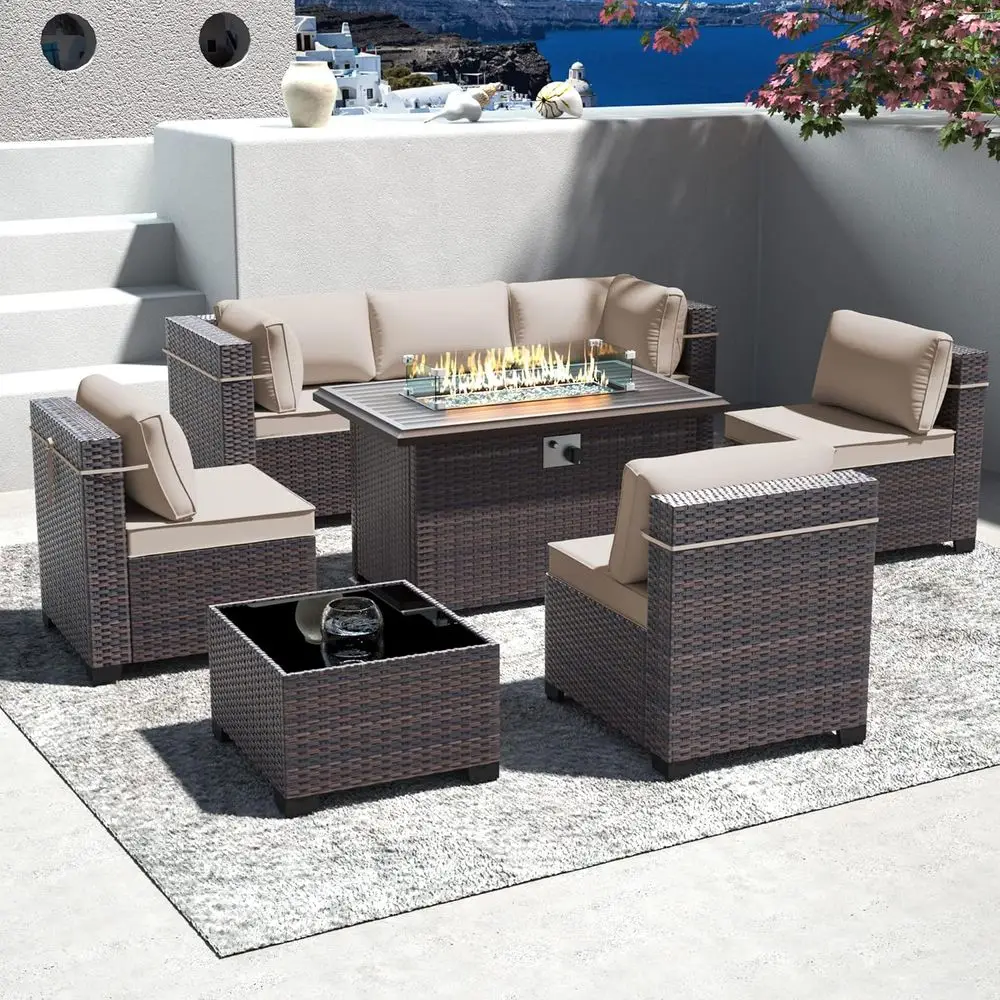

8-Piece Outdoor Sectional Patio Furniture Set with 43 Propane Fire Pit Table in Sand PE Wicker Rattan