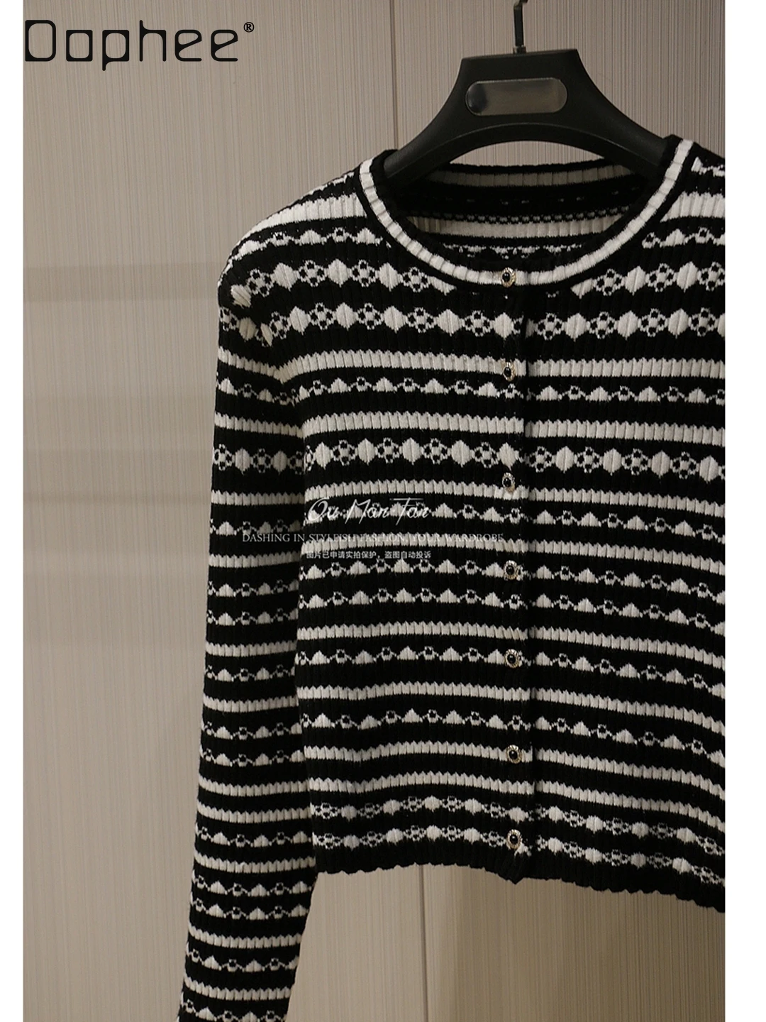 Herfst Nieuwe Franse Elegante Socialite Gestreept Gebreid Vest Vrouwen Woon-werkverkeer Stijl Mode Korte Ronde Hals Lange Mouw Truien