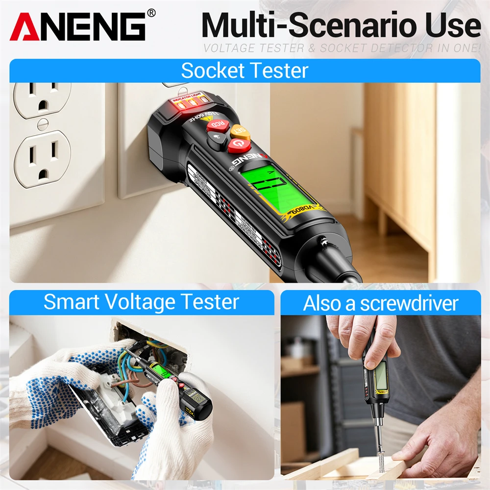 Digital Socket Analyzer Rechargeable 3~600V Voltage Detector ANENG VD809 Circuit Breaker Finder 2-in-1 Screwdriver Tester Tools