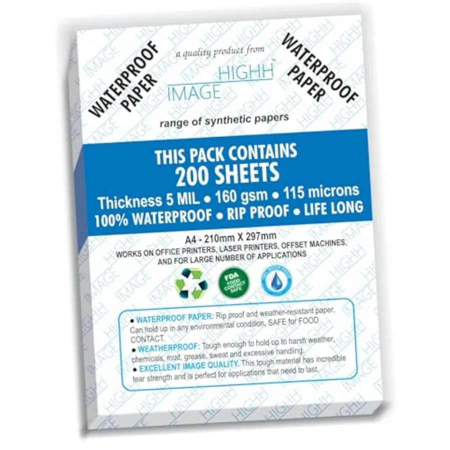 

WATERPROOF PAPER 200 SHEETS NON-TEAR Paper for LASER PRINTERS 5 MIL 110 LB, SYNTHETIC DOUBLE SIDED PAPER, from