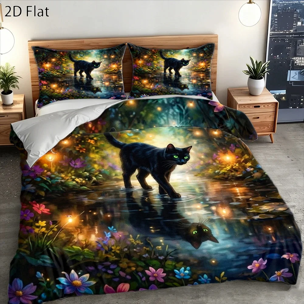 3Pc Dreamy Forest Black Cat Printed Duvet Cover Set, Three-Piece Bedding Set (1*Duvet Cover + 2*Pillowcases), Suitable for All Seasons, Machine Washable, Invisible Zipper Design, Large Duvet Cover Set for Double Beds, Suitable for Home, Dormitory, Master Bedroom, Guest Room, Fantasy Nature-Themed Bedding Set, Comfortable and Skin-Friendly, Highly Decorative, Creating a Warm and Dreamy Sleep Space