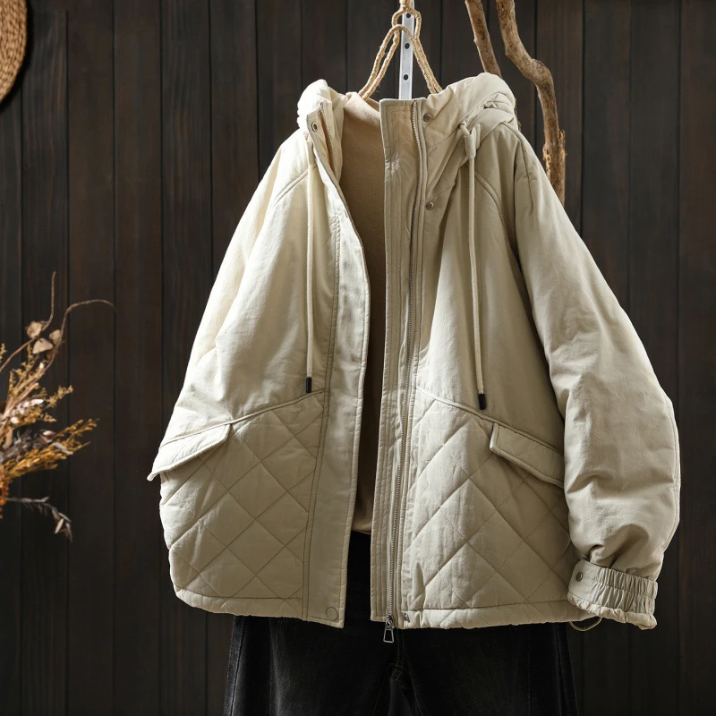 

Женские стеганые пальто с длинным рукавом и капюшоном, Новое поступление, зима 2025, простой стиль, однотонные свободные женские толстые теплые куртки M2041