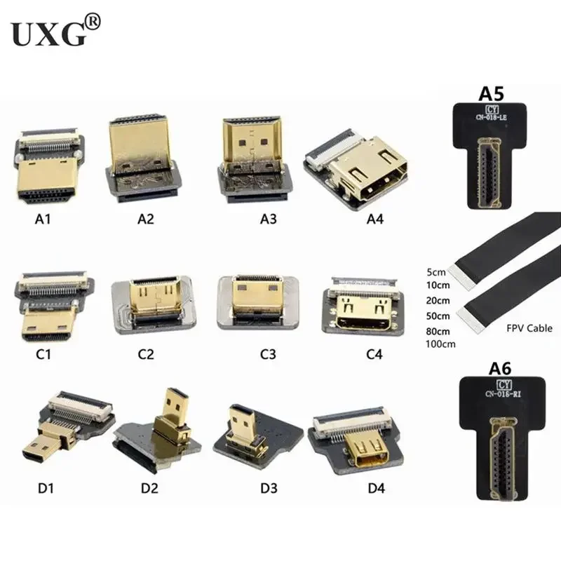 Conector Micro HDMI de 90 grados, Cable plano Flexible, Mini Cable de cinta Micro HDMI FFC de 20 pines para Dron Gopro DSLR, Kit de cardán